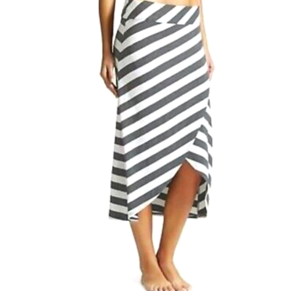 Athleta Ribbon Gray/White Stripe Midi Skirt Wrap Front Large